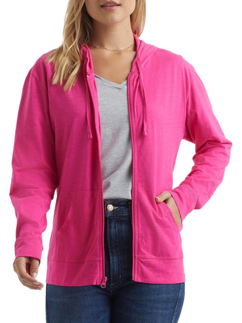 Women's Lightweight Full Zip Hoodie, Textured Cotton Zip Up, T-Shirt Hoodie